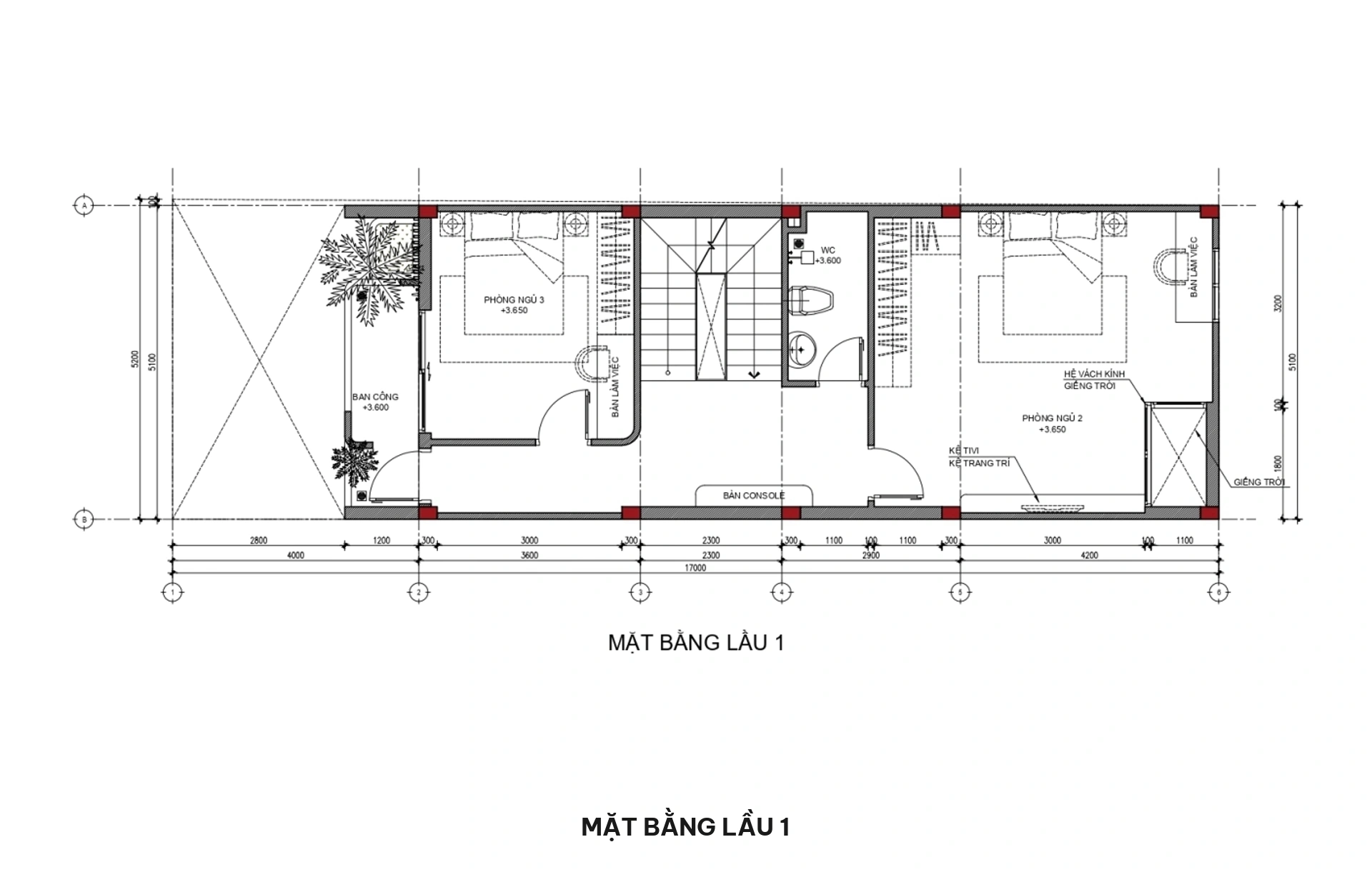 Bản vẽ mặt bằng bố trí công năng lầu 1 gồm 02 phòng ngủ rộng rãi có WC riêng, phòng sinh hoạt chung sảnh thang và ban công bo cong