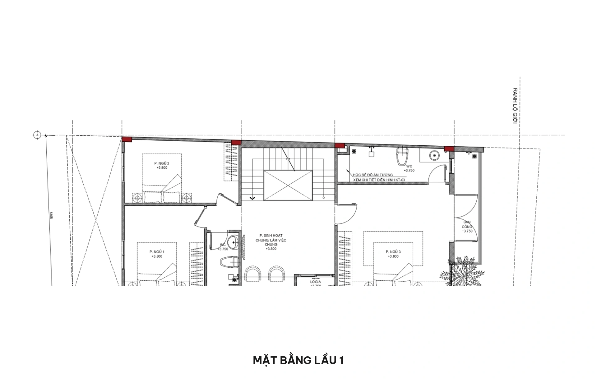 Bản vẽ mặt bằng bố trí công năng lầu 1 gồm 03 phòng ngủ rộng rãi, phòng sinh hoạt chung sảnh thang, ban công mặt tiền và WC chung