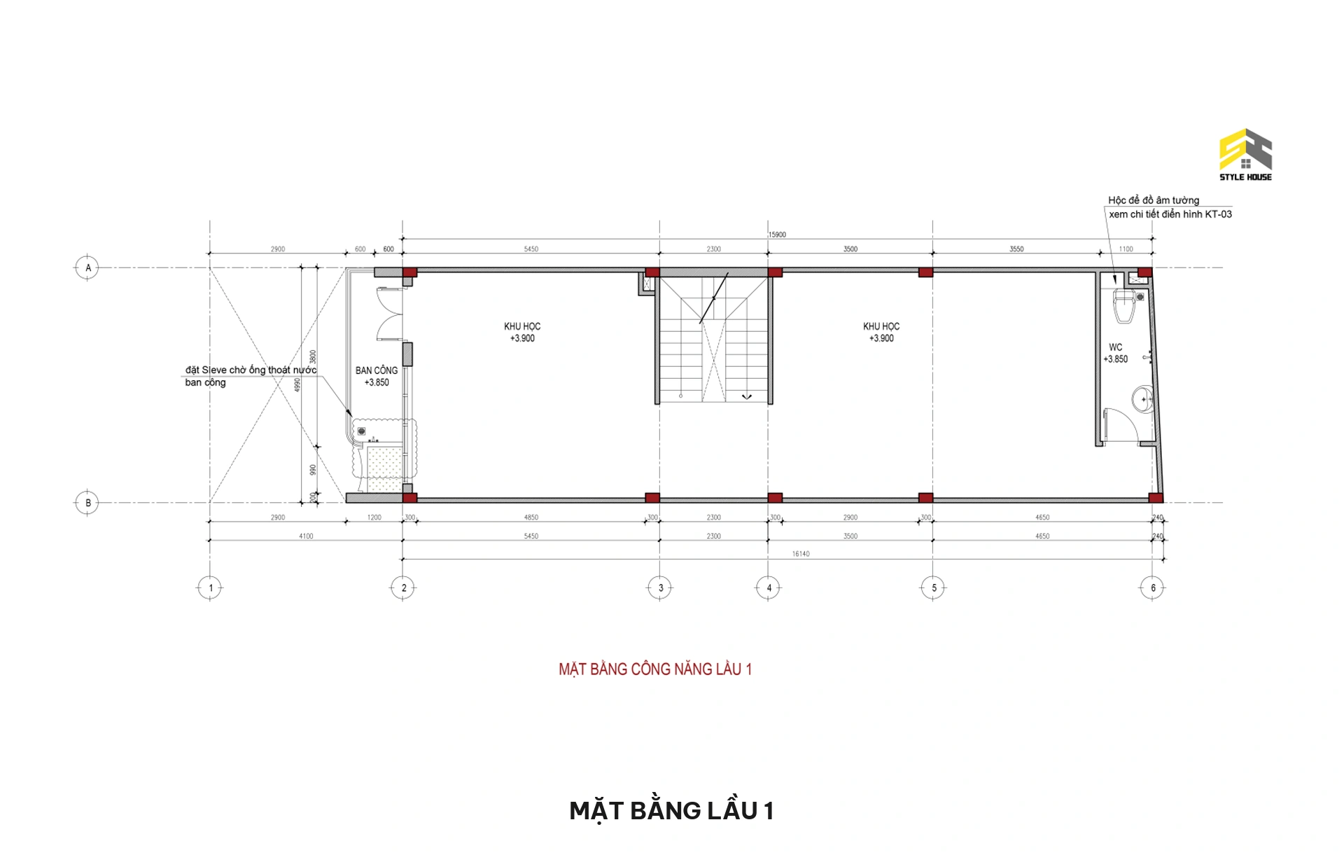 Bản vẽ mặt bằng bố trí công năng lầu 1 gồm không gian học tập tĩnh lặng, phòng sinh hoạt chung và WC tiện nghi