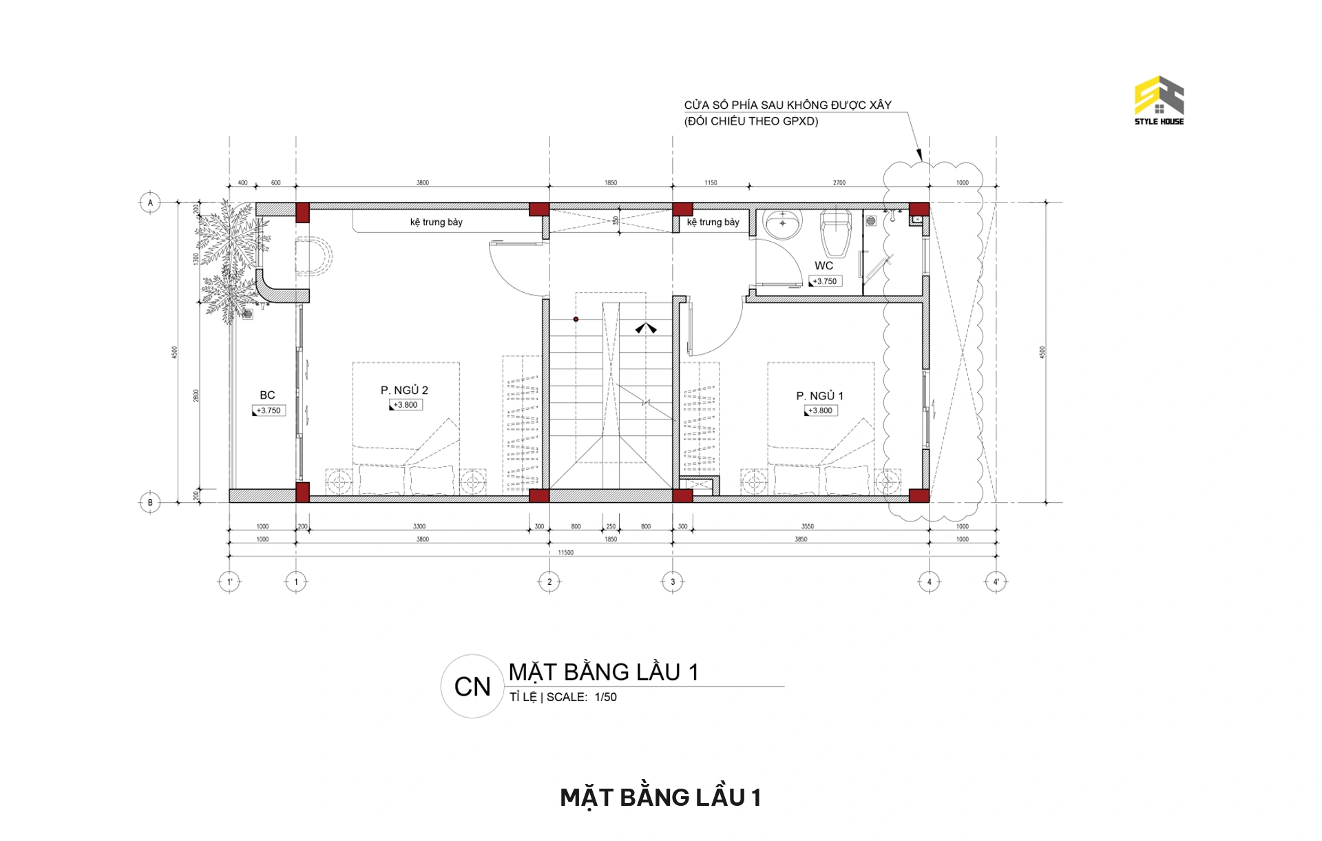 Bản vẽ mặt bằng lầu 1 nhà phố 5x15m gồm phòng ngủ Master ban công rộng, phòng ngủ 2 yên tĩnh và WC chung