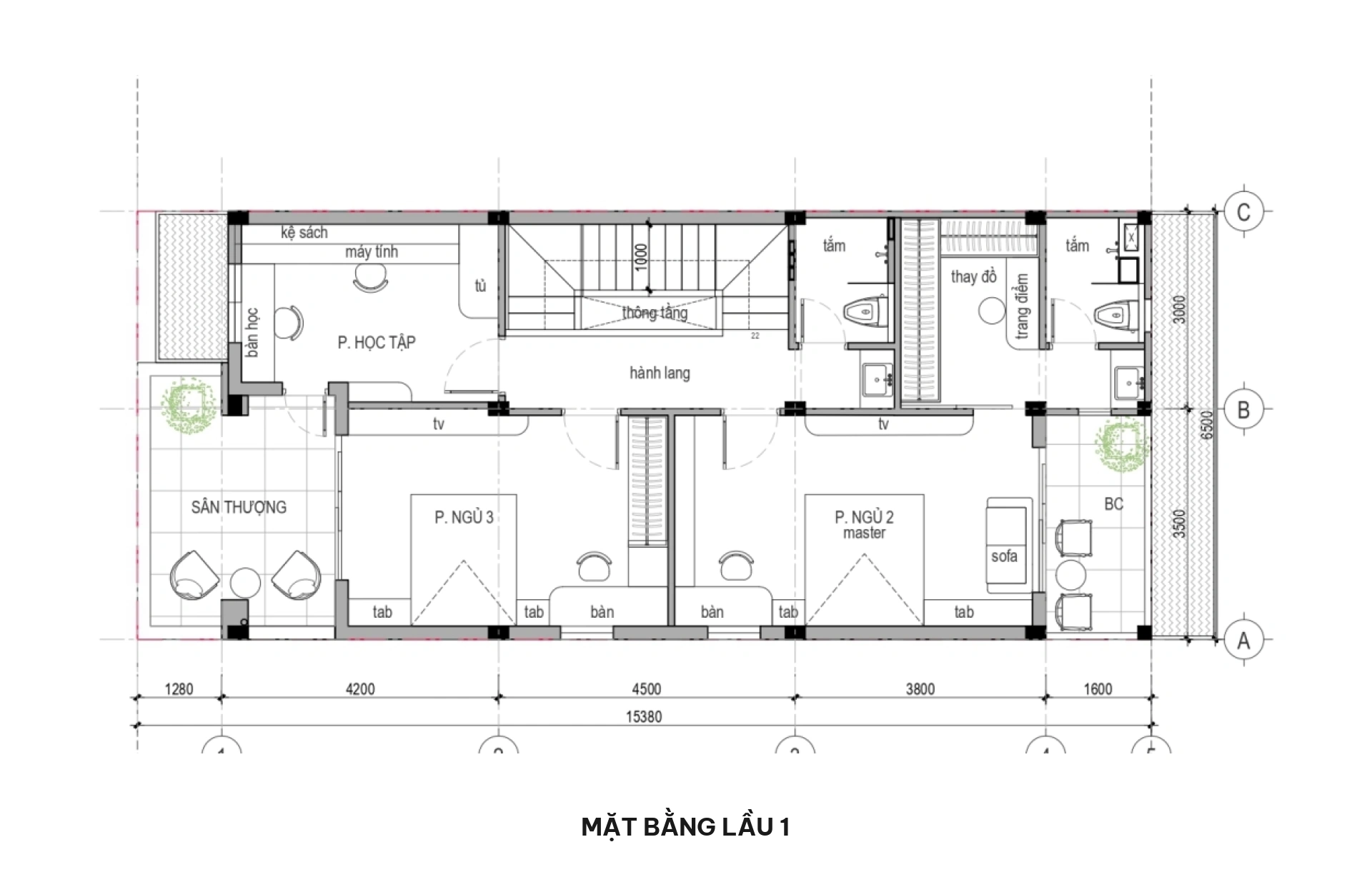 Mặt bằng lầu 1 nhà phố 6.5x15m