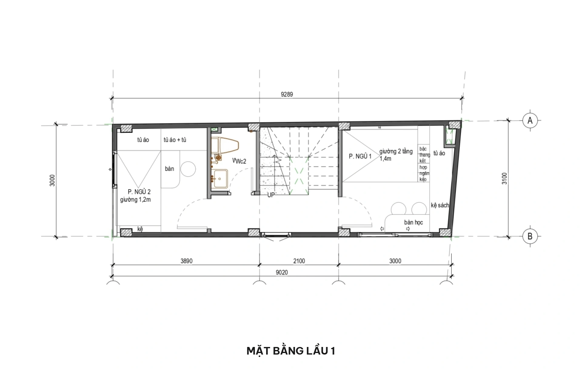 Mặt bằng lầu 1 nhà phố 3x9m