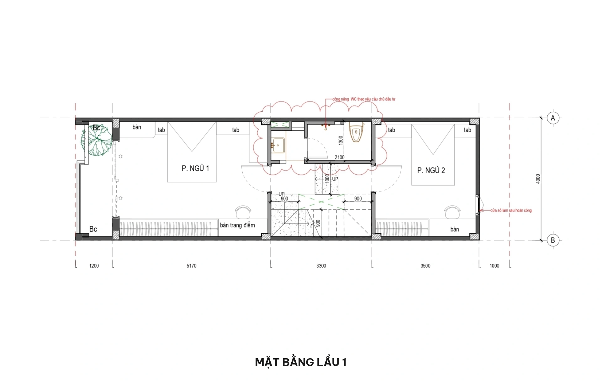 Mặt bằng lầu 1 nhà phố 4x17m