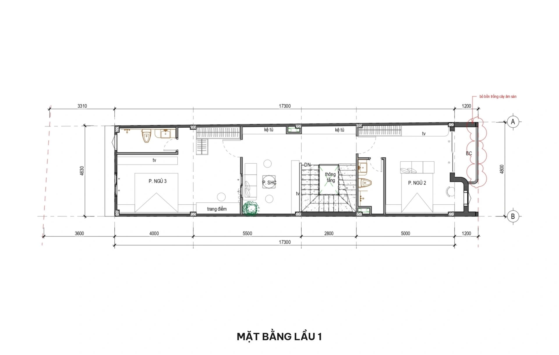 Mặt bằng lầu 1 nhà phố 5x18.5m