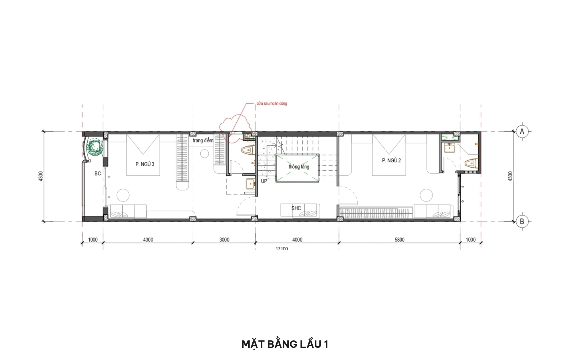 Mặt bằng lầu 1 nhà phố 4.5x20m