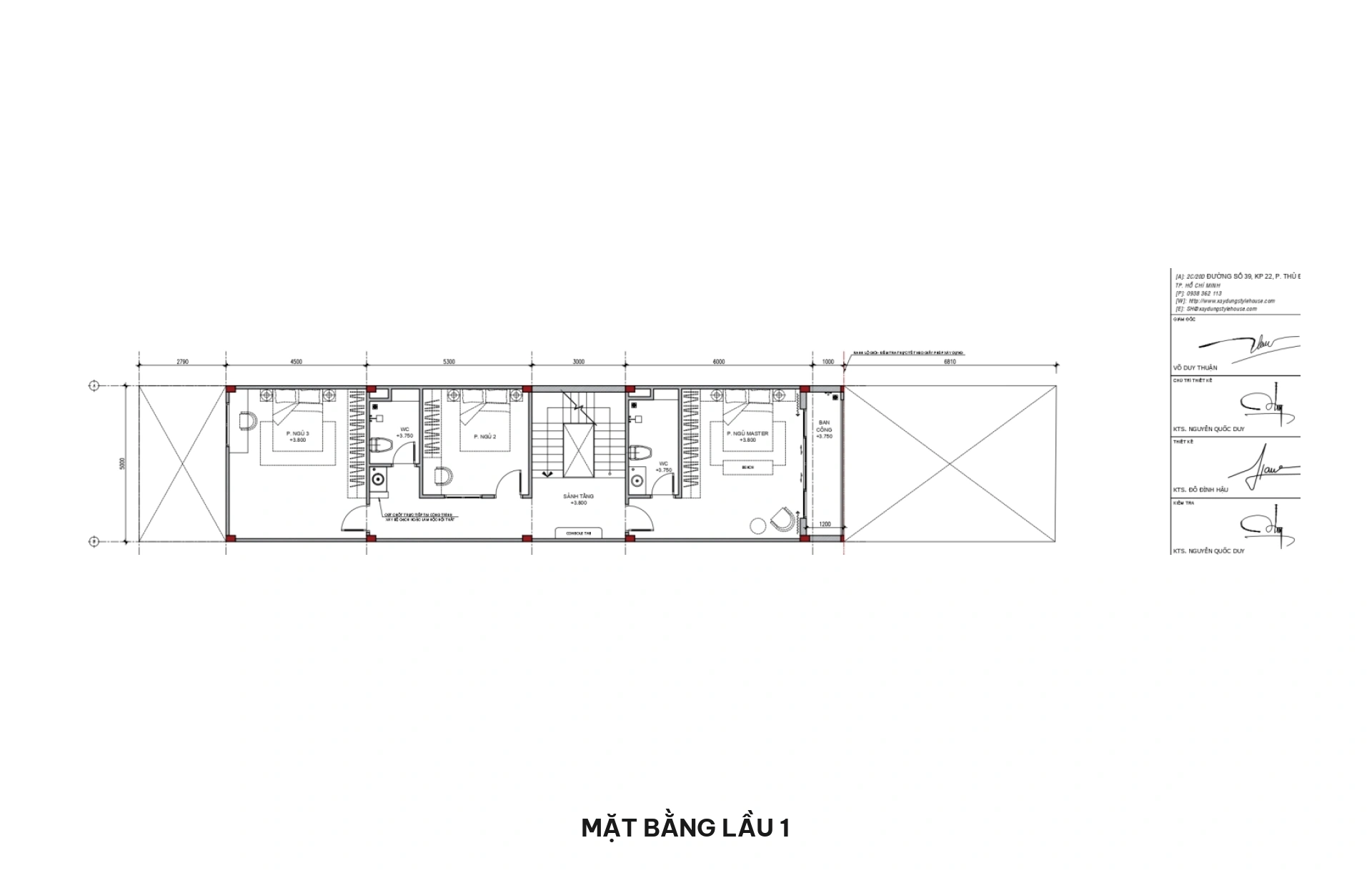 Mặt bằng lầu 1 nhà phố 5x30m