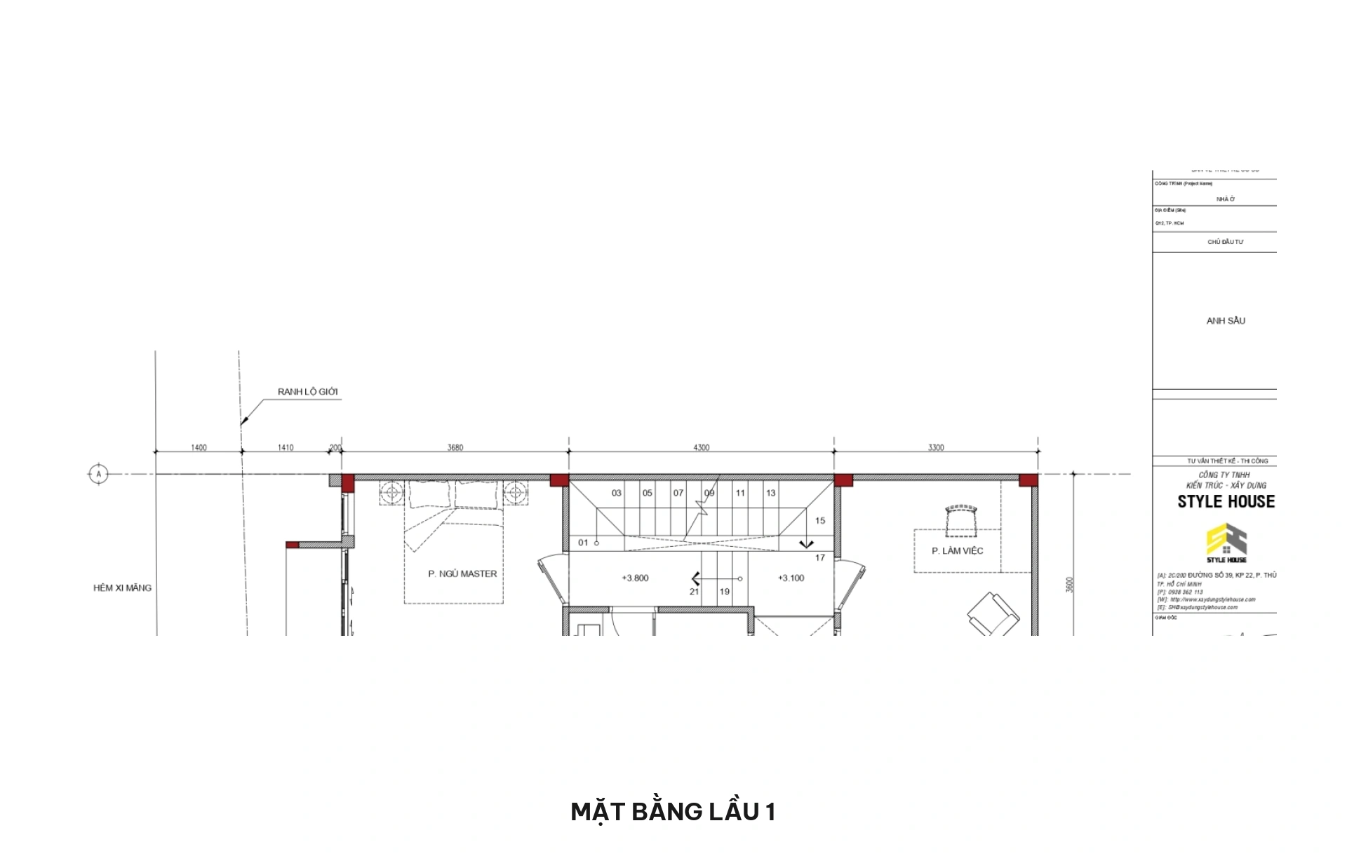 Mặt bằng lầu 1 nhà phố 4x13m