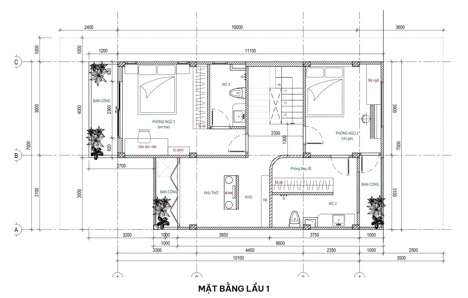 Mặt bằng lầu 1 biệt thự phố 7x16m