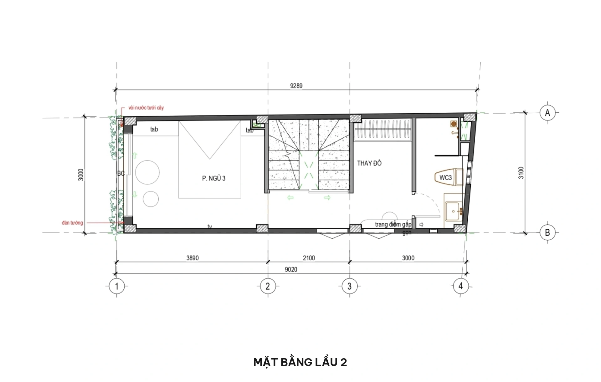 Mặt bằng lầu 2 nhà phố 3x9m
