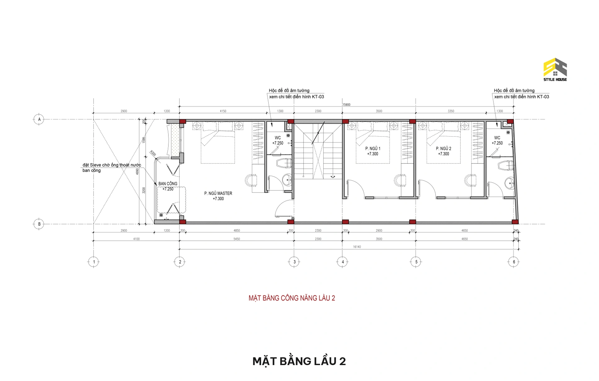 Bản vẽ mặt bằng bố trí công năng lầu 2 gồm phòng ngủ Master rộng rãi phía trước có ban công cong và 02 phòng ngủ phụ phía sau
