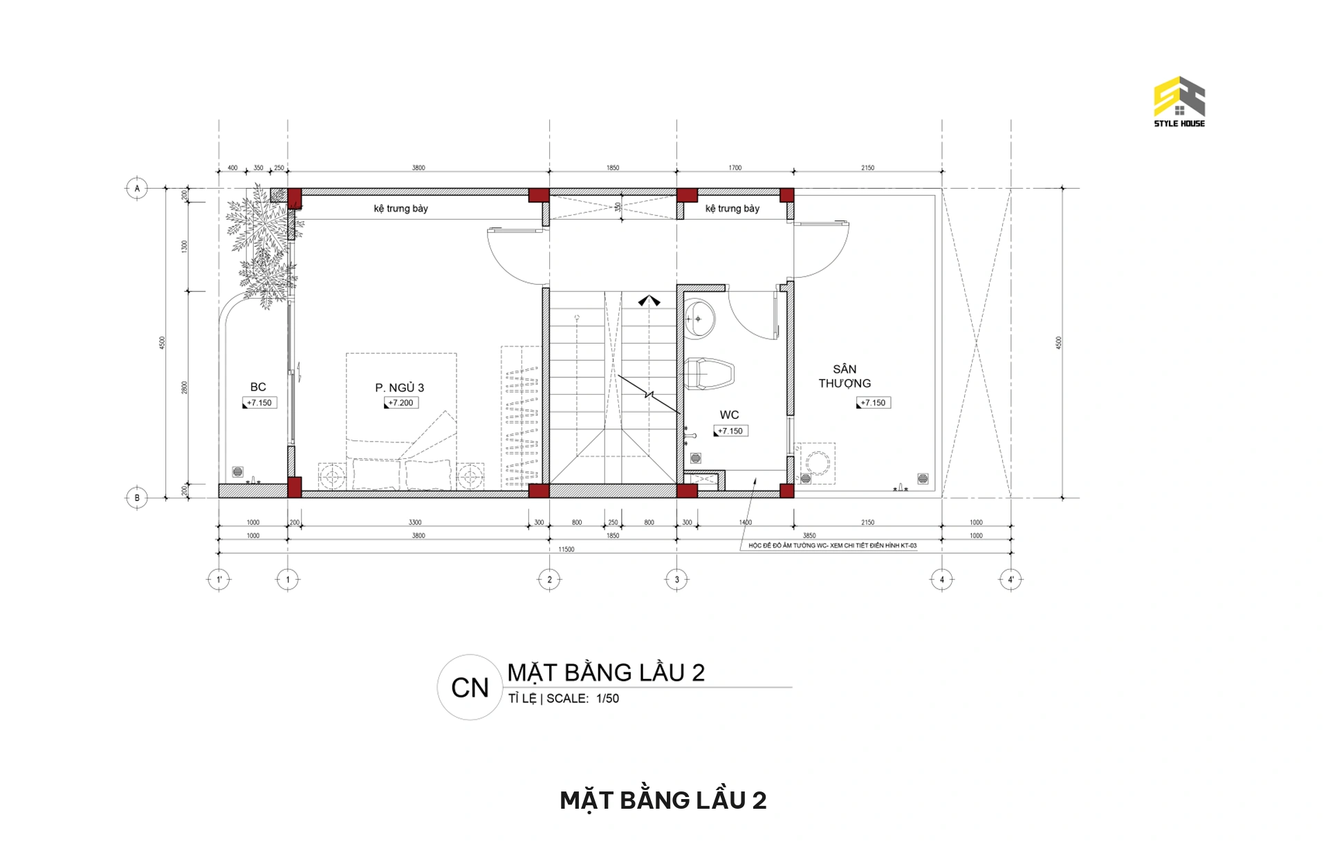 Bản vẽ mặt bằng lầu 2 nhà phố 5x15m gồm 01 phòng ngủ phụ, WC chung và sân thượng thoáng mát phía trước