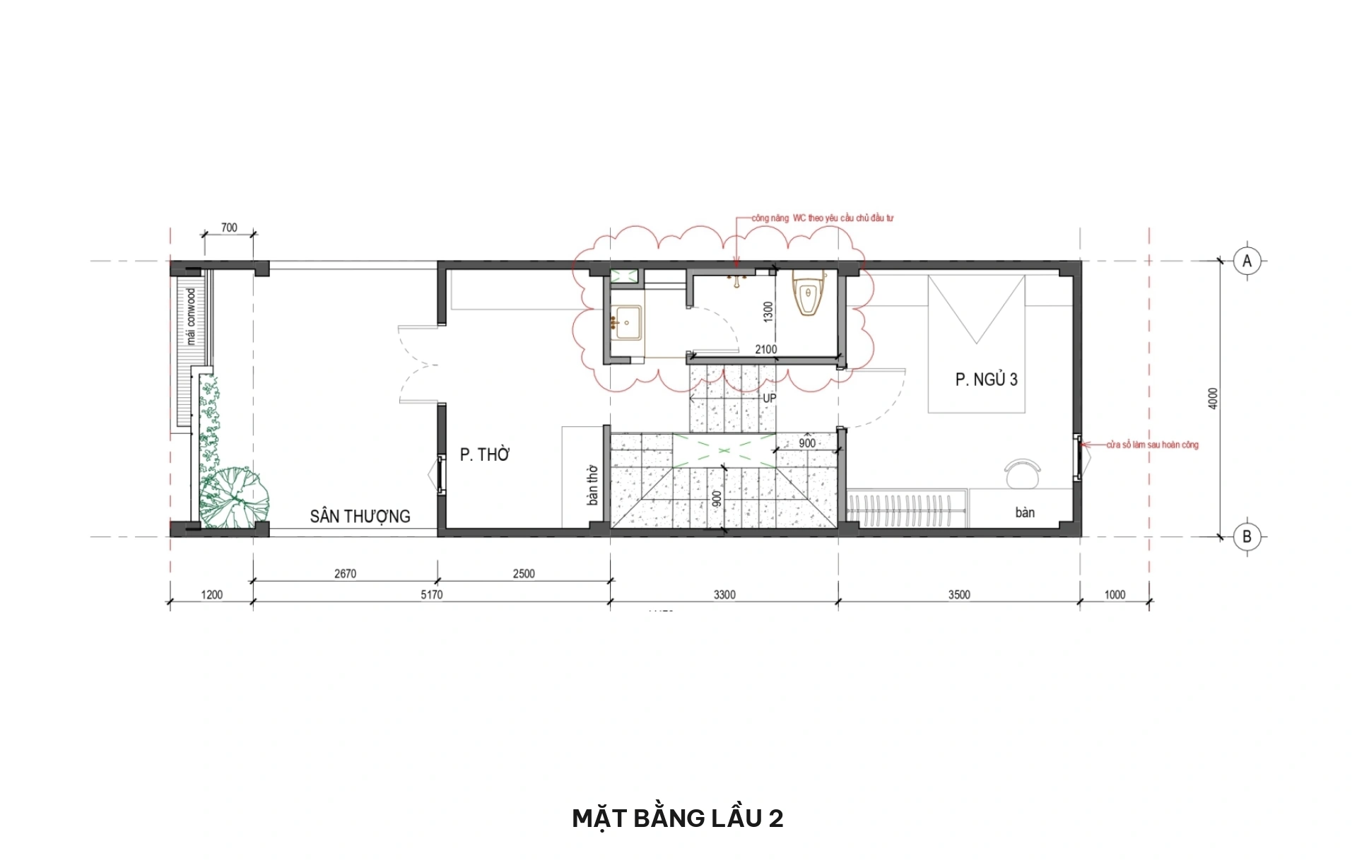 Mặt bằng lầu 2 nhà phố 4x17m