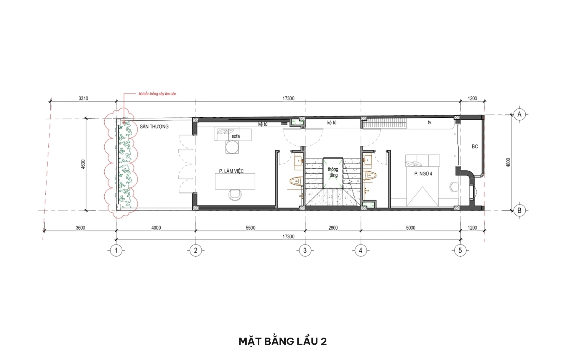 Mặt bằng lầu 2 nhà phố 5x18.5m
