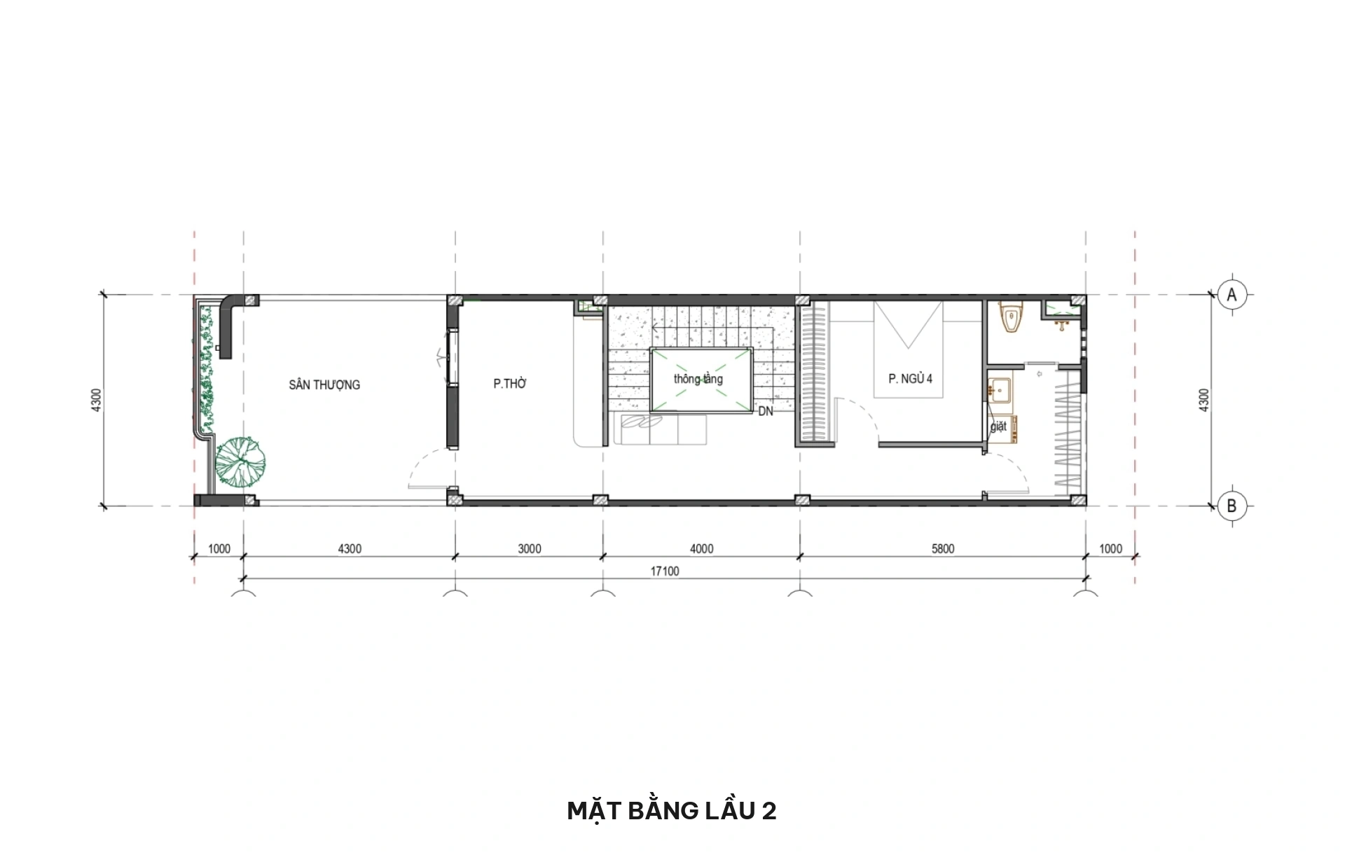 Mặt bằng lầu 2 nhà phố 4.5x20m