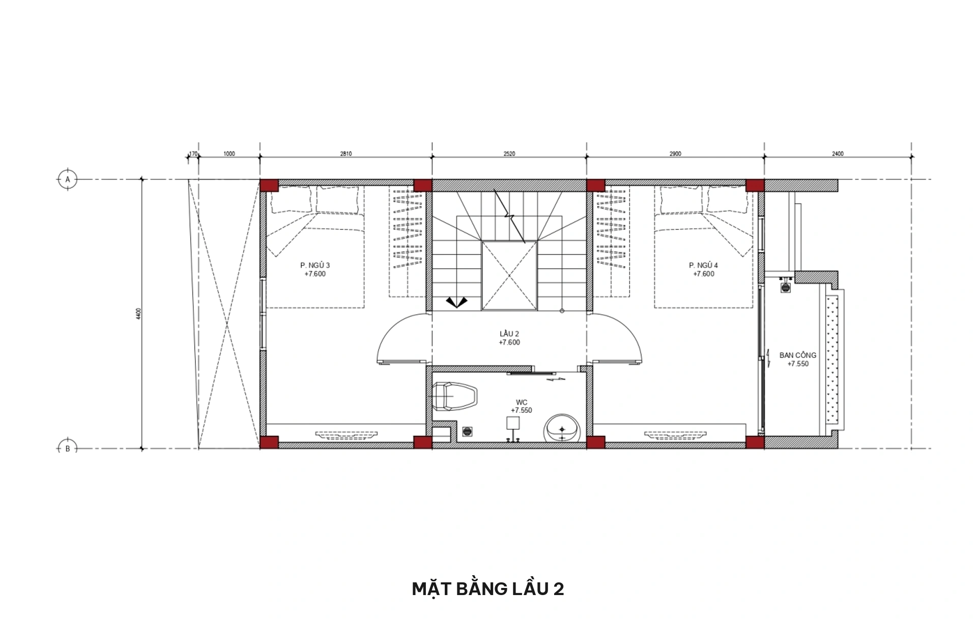 Mặt bằng lầu 2 nhà phố 5x12m