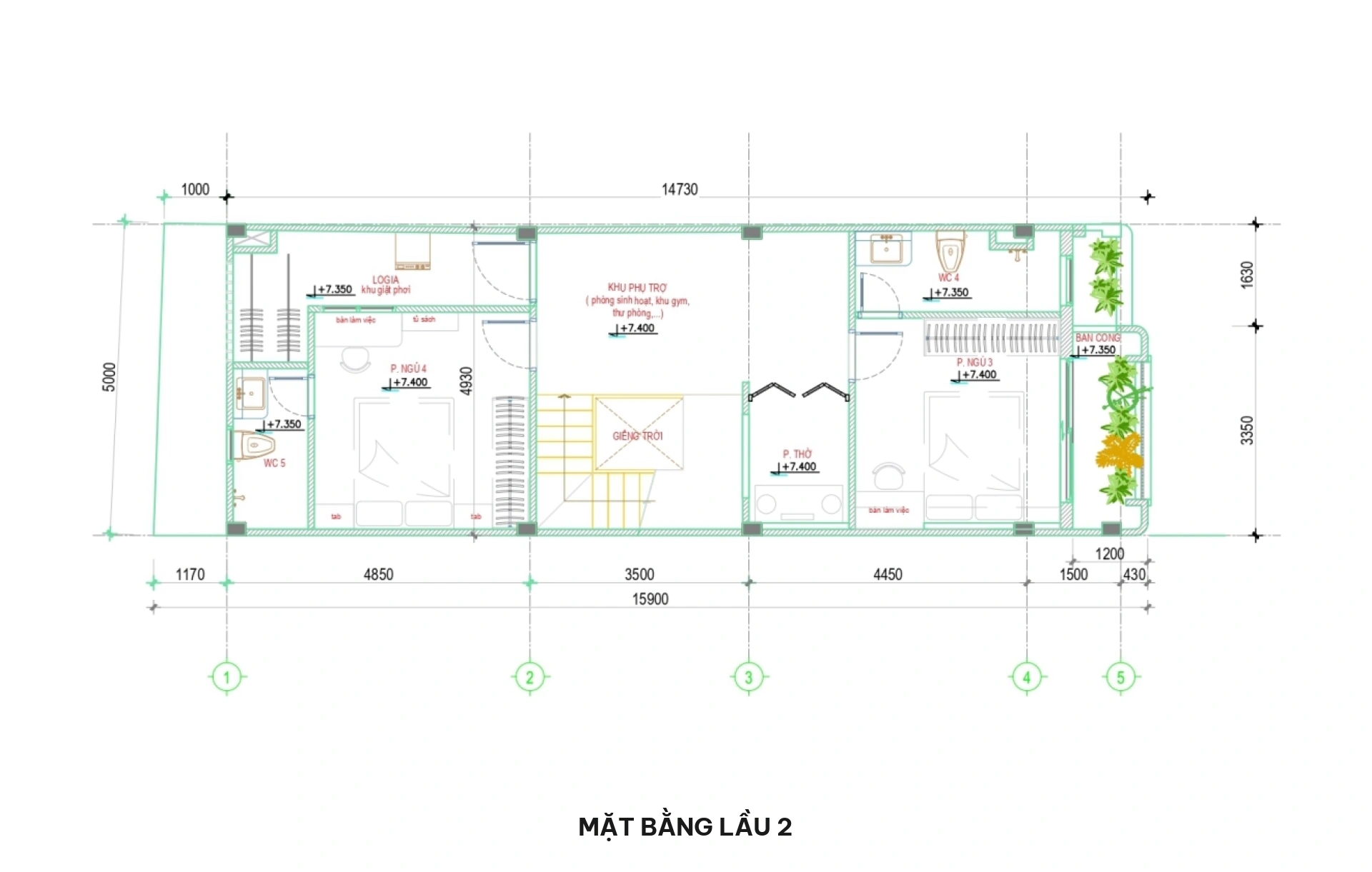 Mặt bằng lầu 2 nhà phố 5x16m