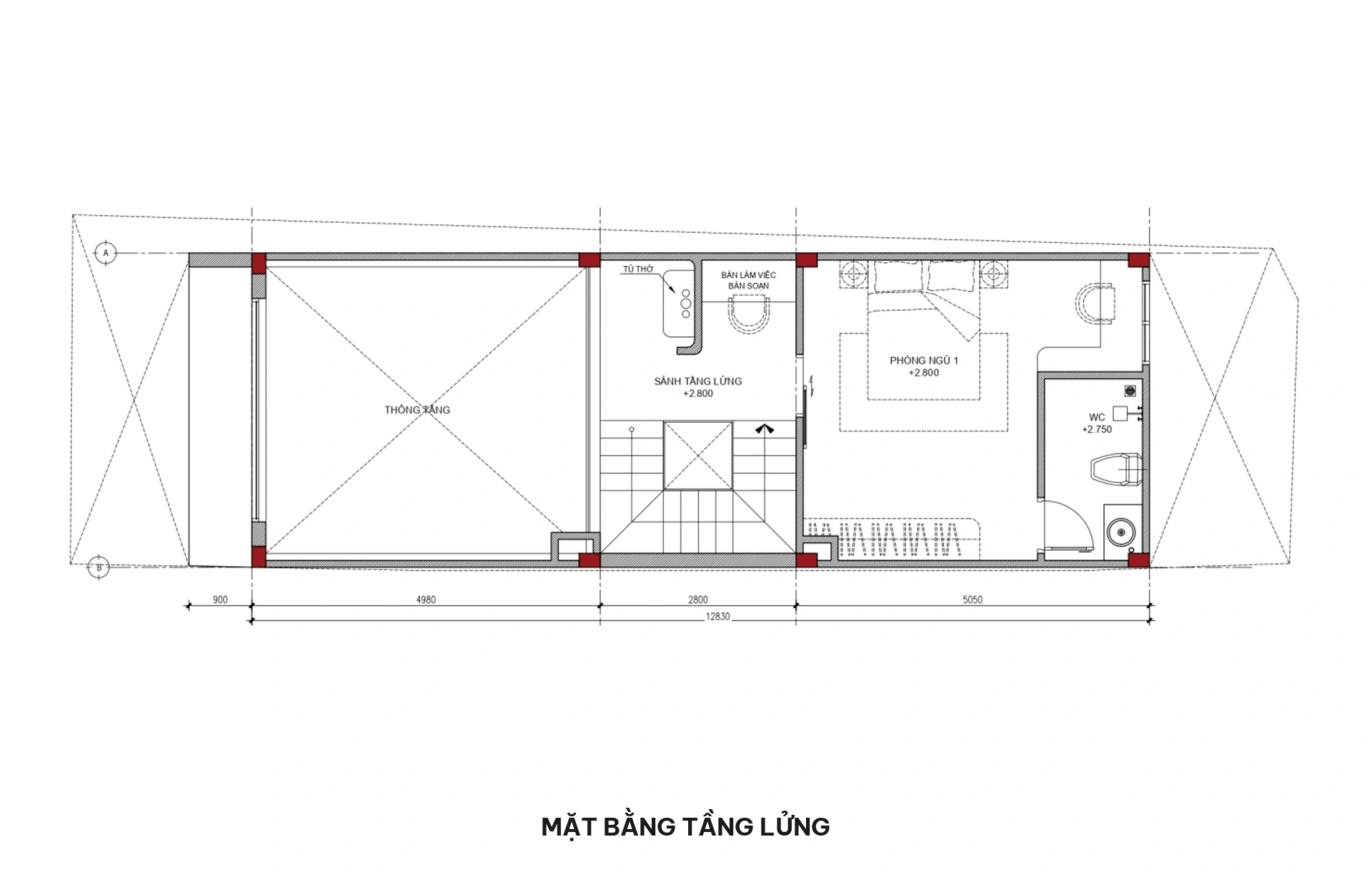 Mặt bằng tầng lửng nhà phố 4.5x13m