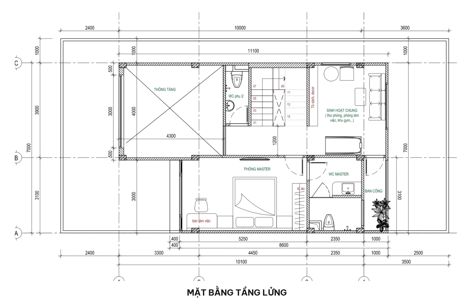 Mặt bằng tầng lửng biệt thự phố 7x16m