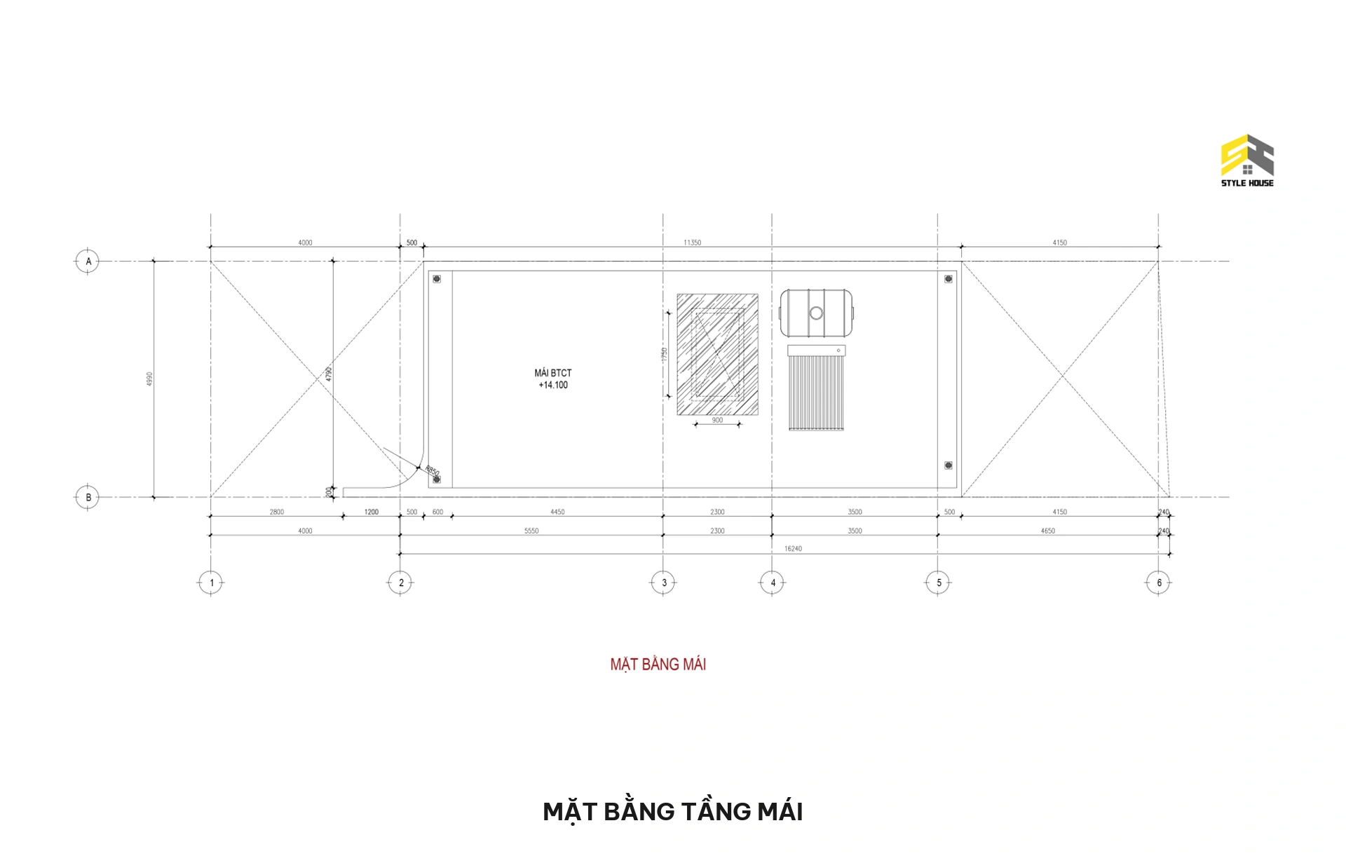 Bản vẽ mặt bằng tầng mái BTCT kiên cố kết hợp ô giếng trời trung tâm thông tầng đối lưu ánh sáng