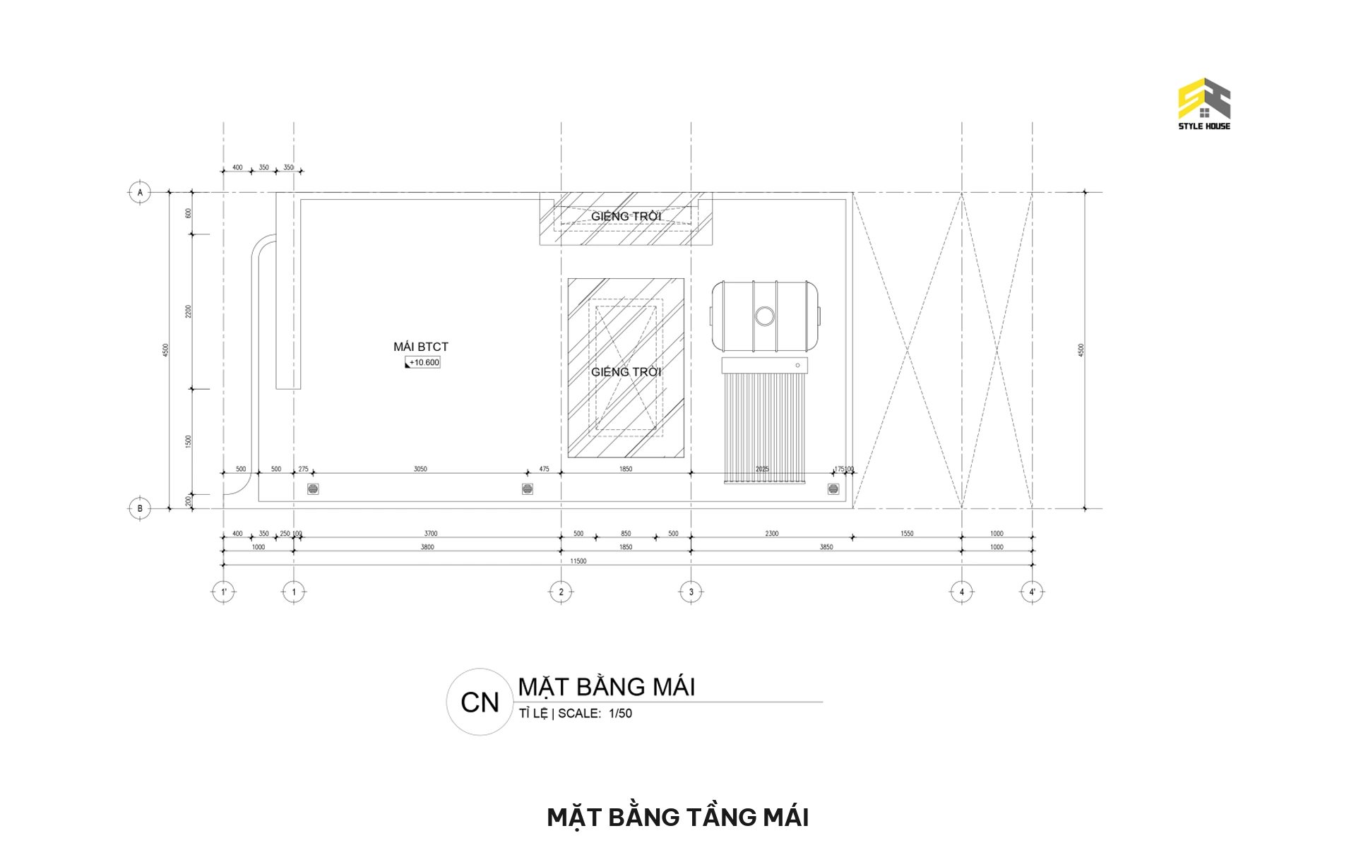 Bản vẽ mặt bằng tầng mái BTCT kiên cố bố trí bồn nước và giếng trời lấy sáng tự nhiên