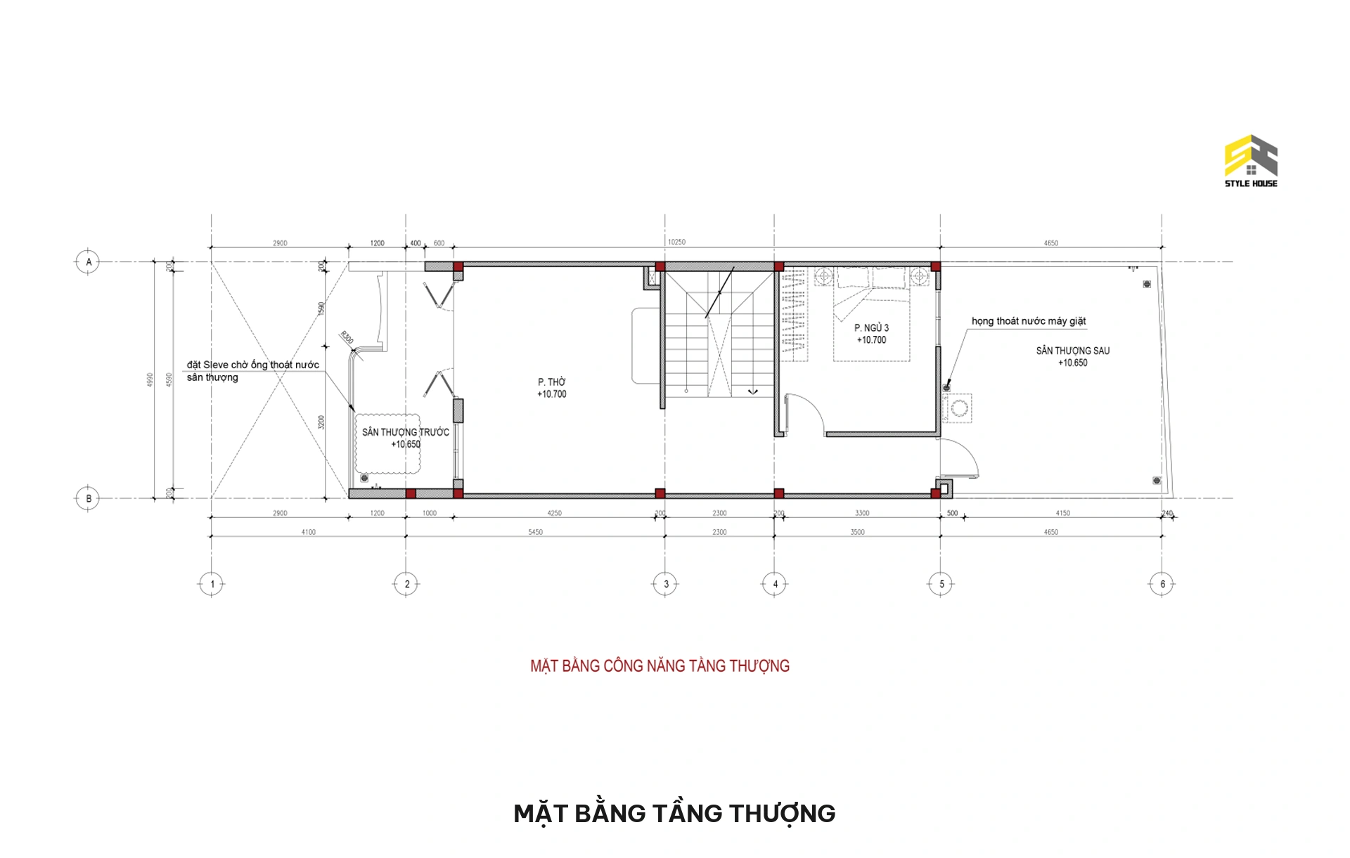 Bản vẽ mặt bằng bố trí công năng tầng thượng gồm phòng thờ trang nghiêm, 01 phòng ngủ phụ, sân thượng trước ngắm cảnh và sân phơi sau