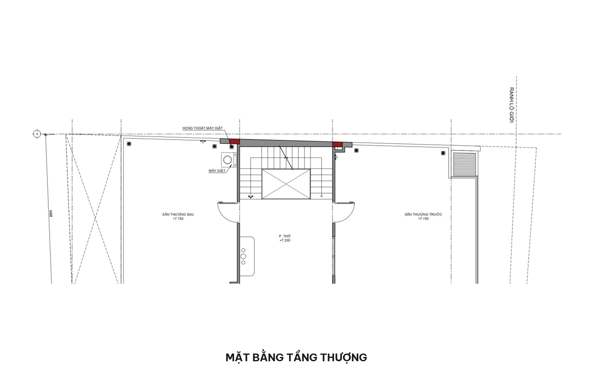 Bản vẽ mặt bằng bố trí công năng tầng thượng gồm phòng thờ gia tiên trang nghiêm, sân thượng trước ngắm cảnh và sân phơi sau