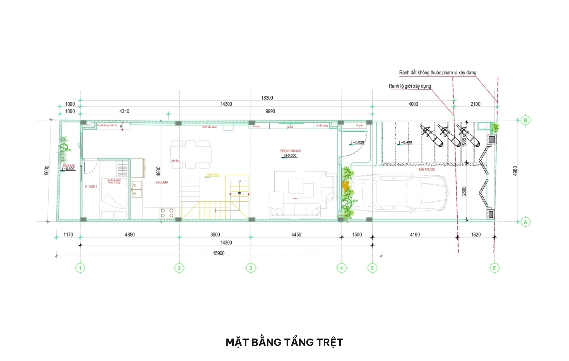 Mặt bằng tầng trệt nhà phố 5x16m