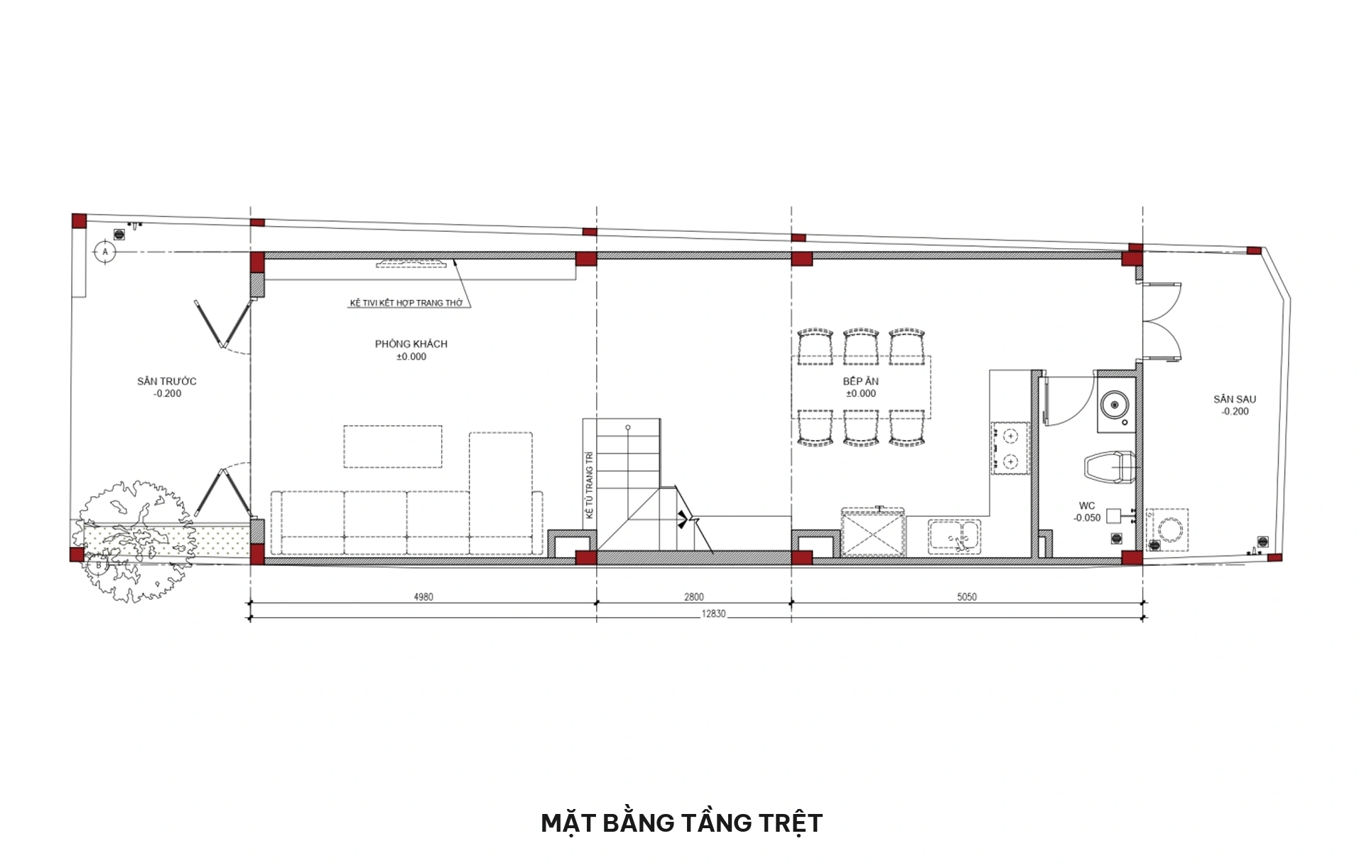 Mặt bằng tầng trệt nhà phố 4.5x13m