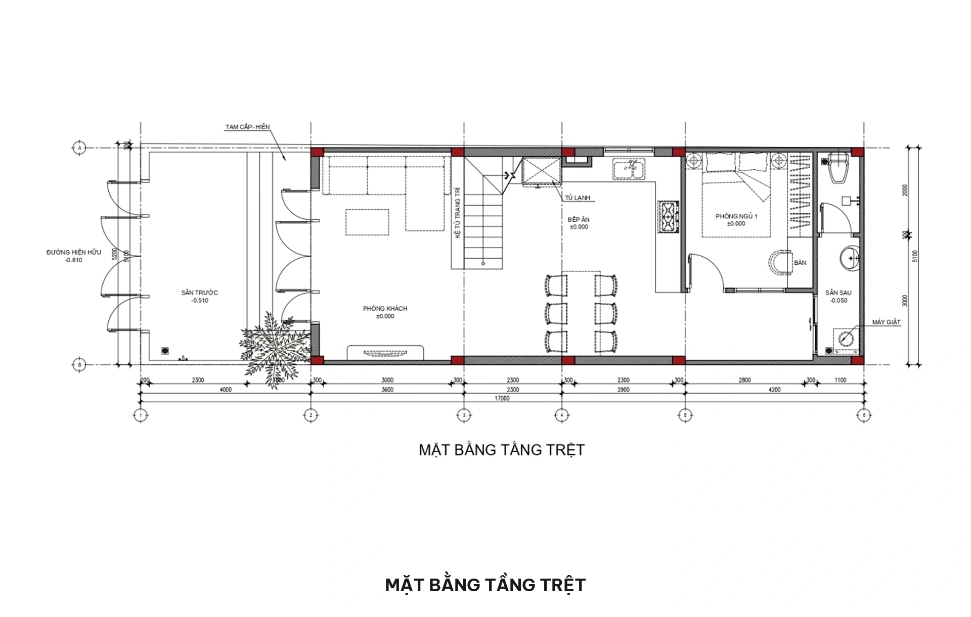 Bản vẽ mặt bằng bố trí công năng tầng trệt gồm sân trước để ô tô, phòng khách liên thông bếp ăn, phòng ngủ người lớn tuổi, sân sau và WC chung