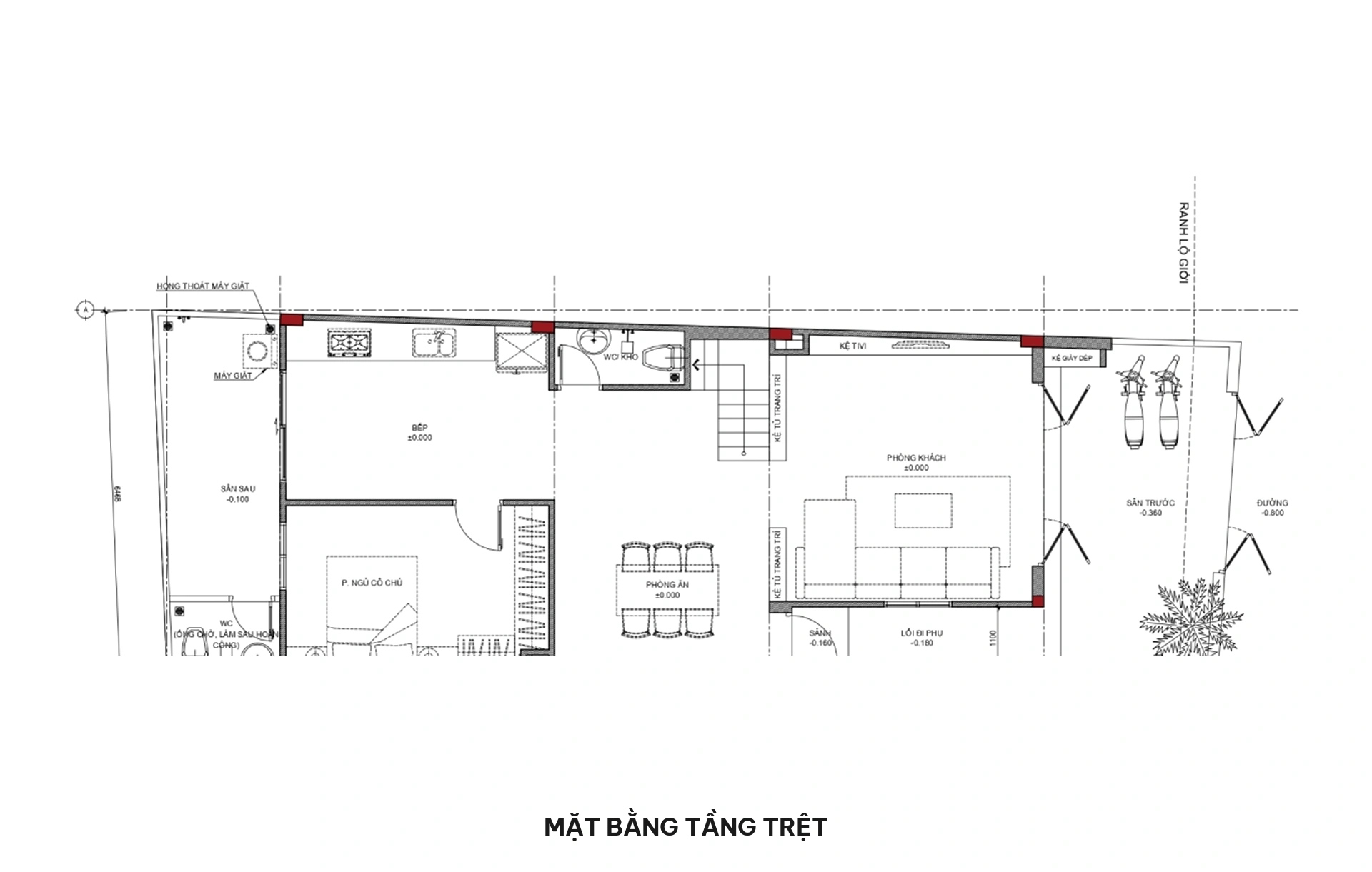 Bản vẽ mặt bằng bố trí công năng tầng trệt gồm sân trước để ô tô, phòng khách bề thế liên thông bếp ăn, phòng ngủ tầng trệt, sân sau và WC chung