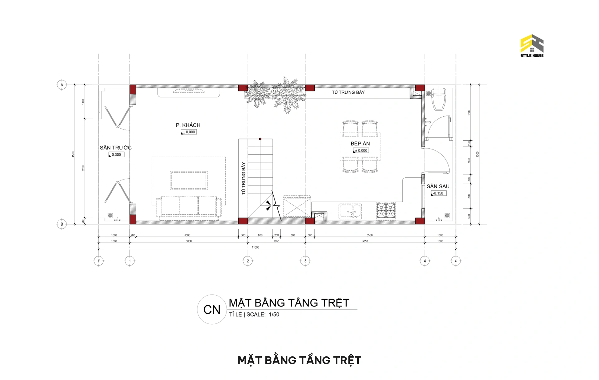 Bản vẽ mặt bằng tầng trệt nhà phố 5x15m gồm sân trước, phòng khách, cầu thang giữa, bếp ăn, sân sau và WC1