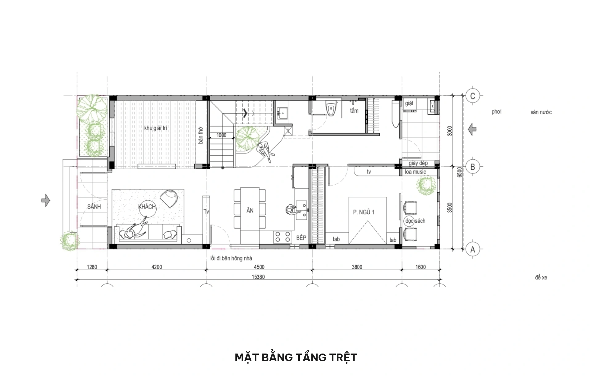 Mặt bằng tầng trệt nhà phố 6.5x15m