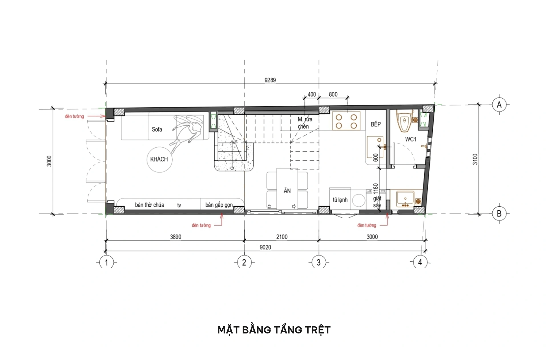 Mặt bằng tầng trệt nhà phố 3x9m