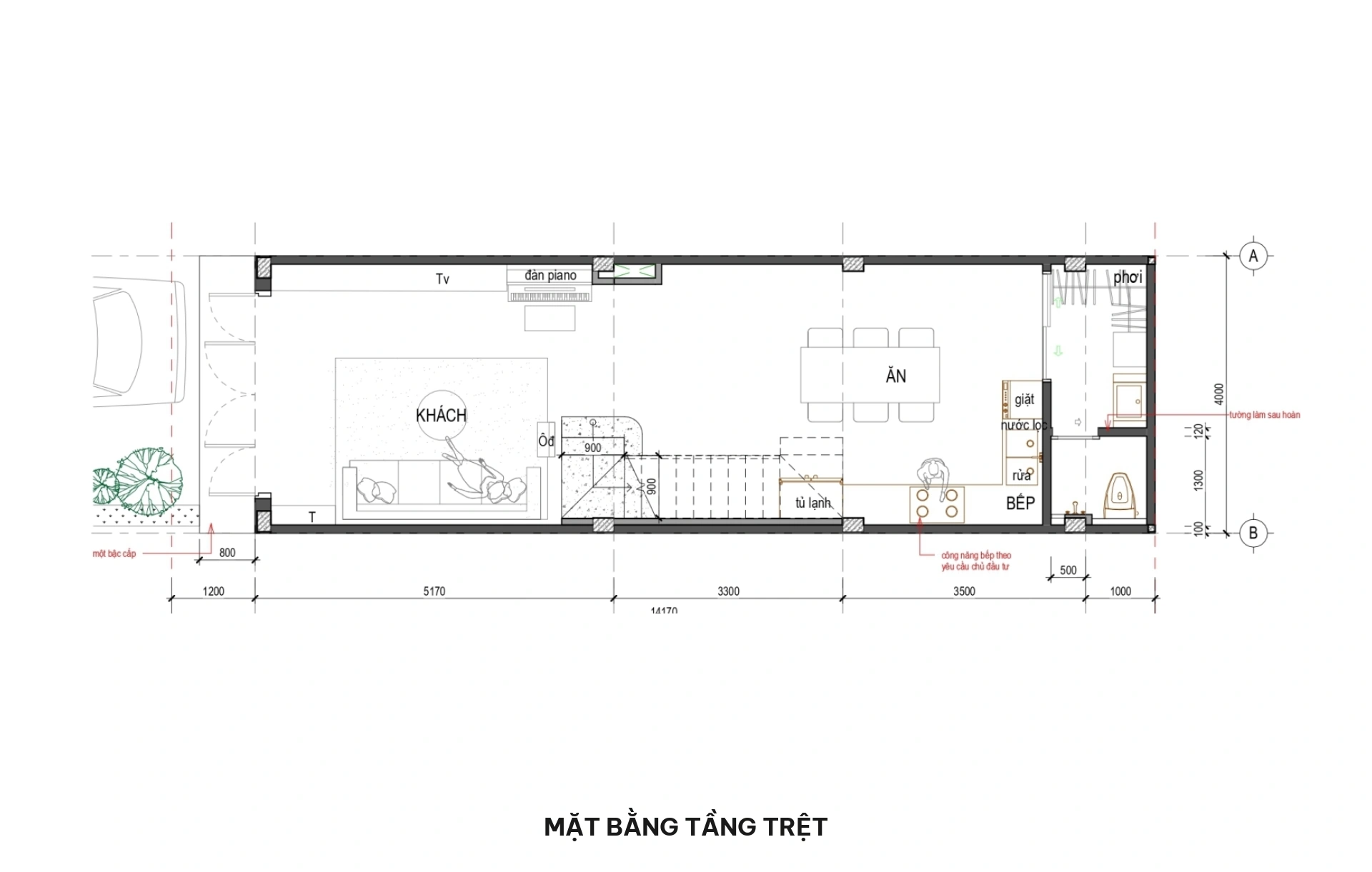 Mặt bằng tầng trệt nhà phố 4x17m