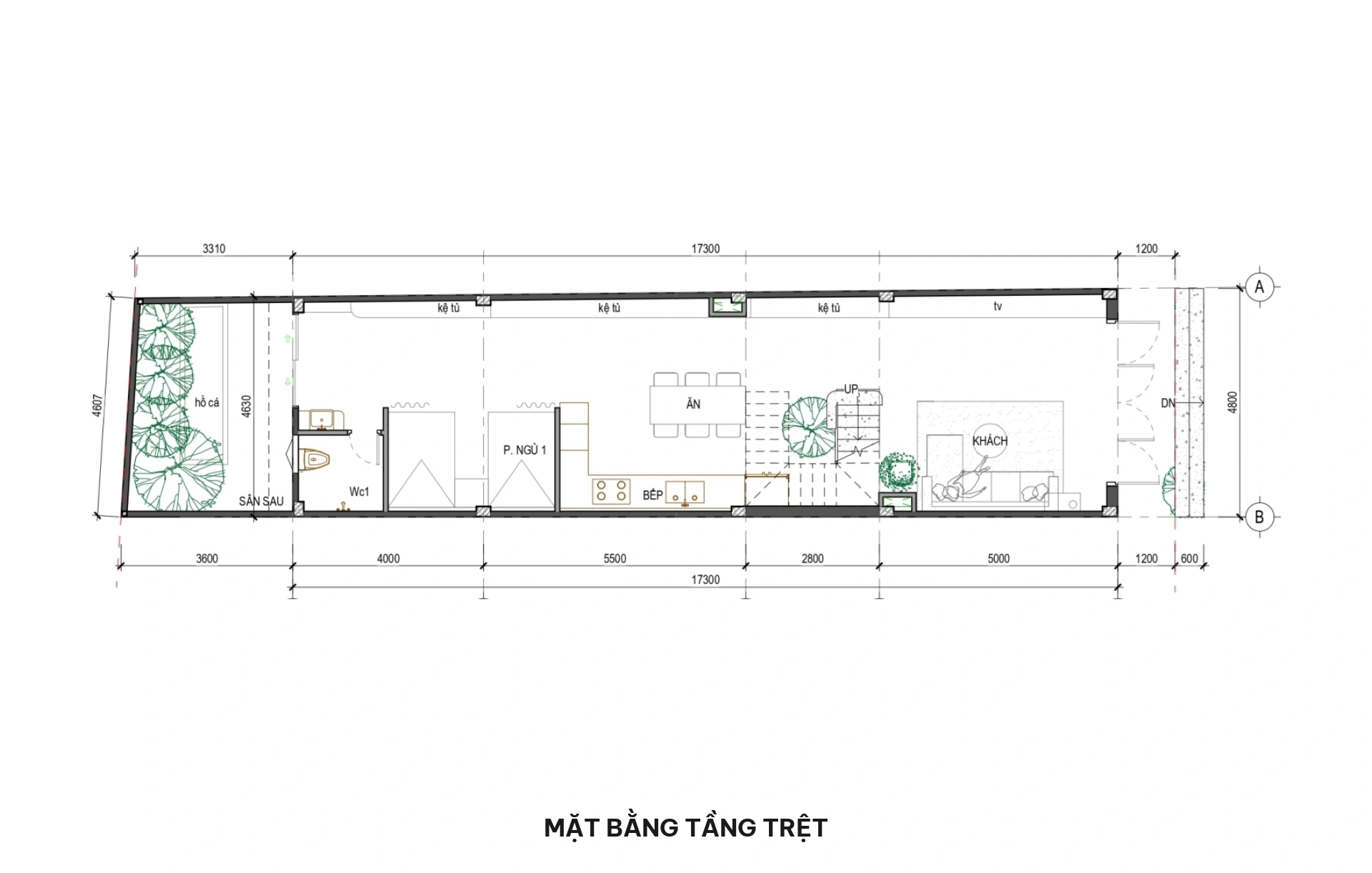Mặt bằng tầng trệt nhà phố 5x18.5m