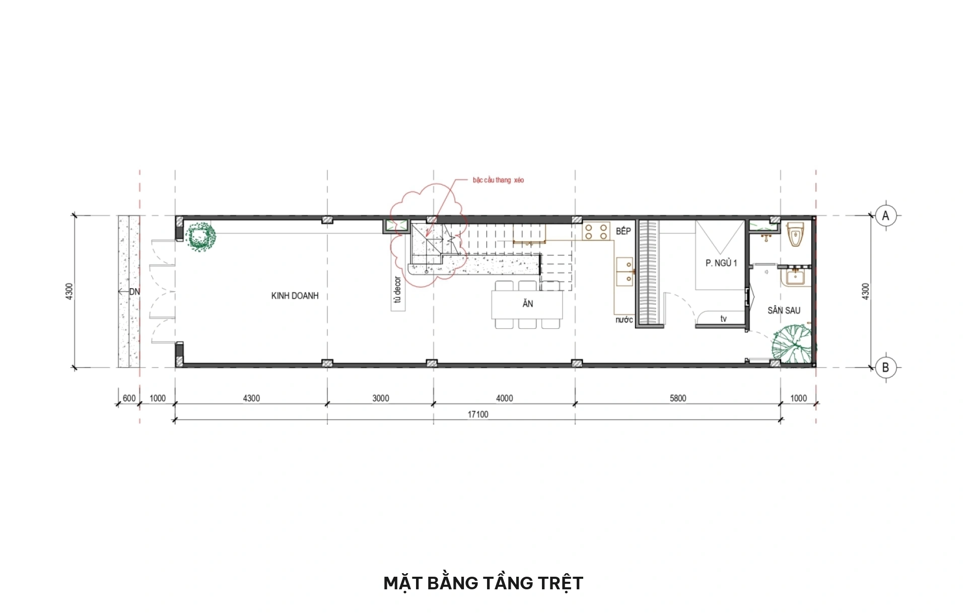 Mặt bằng tầng trệt nhà phố 4.5x20m