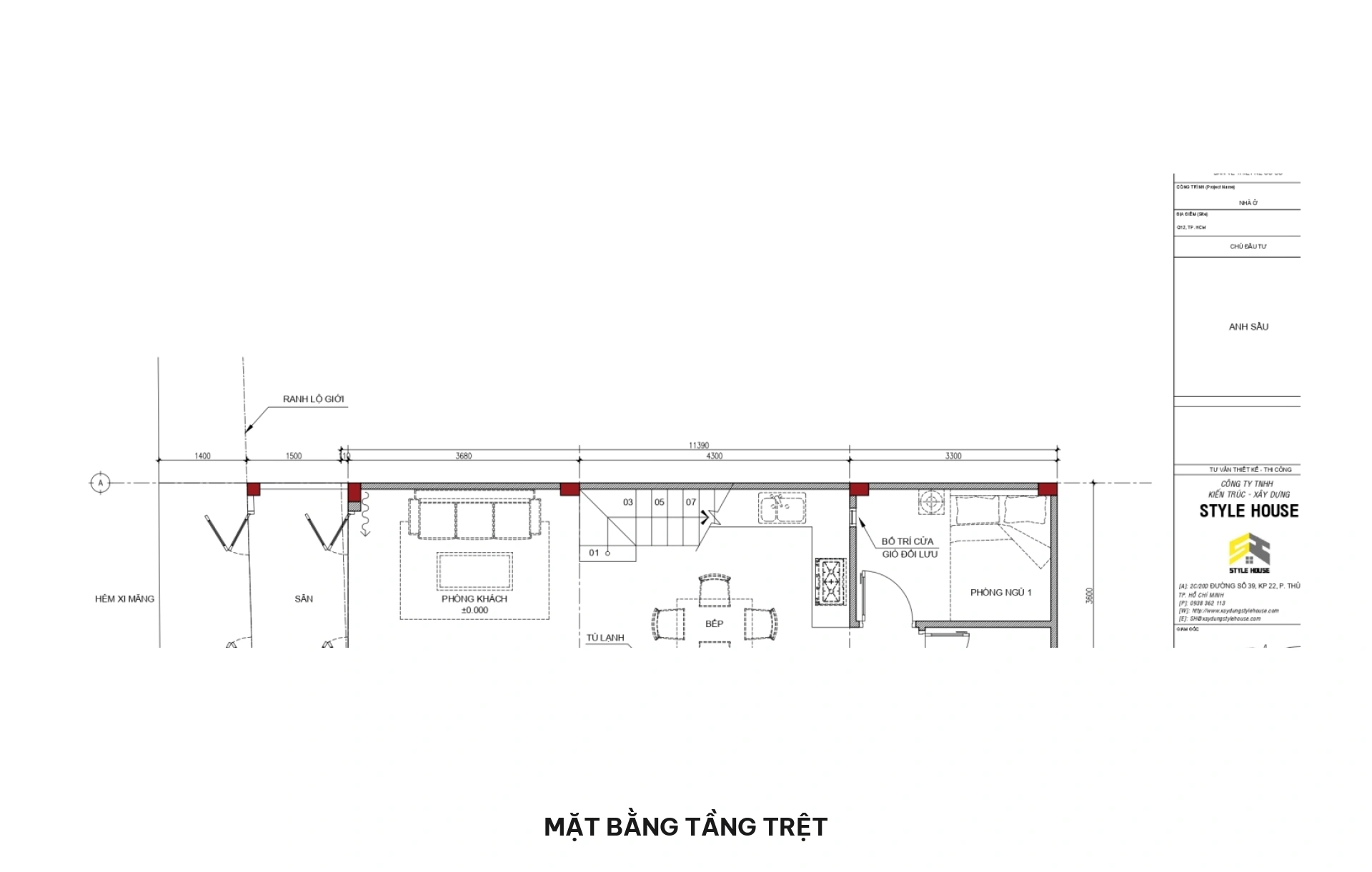 Mặt bằng tầng trệt nhà phố 4x13m
