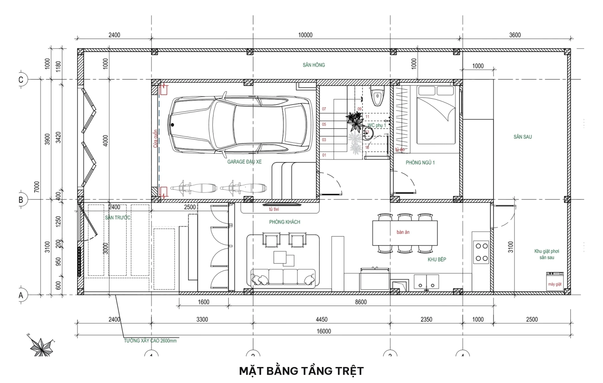 Mặt bằng tầng trệt biệt thự phố 7x16m