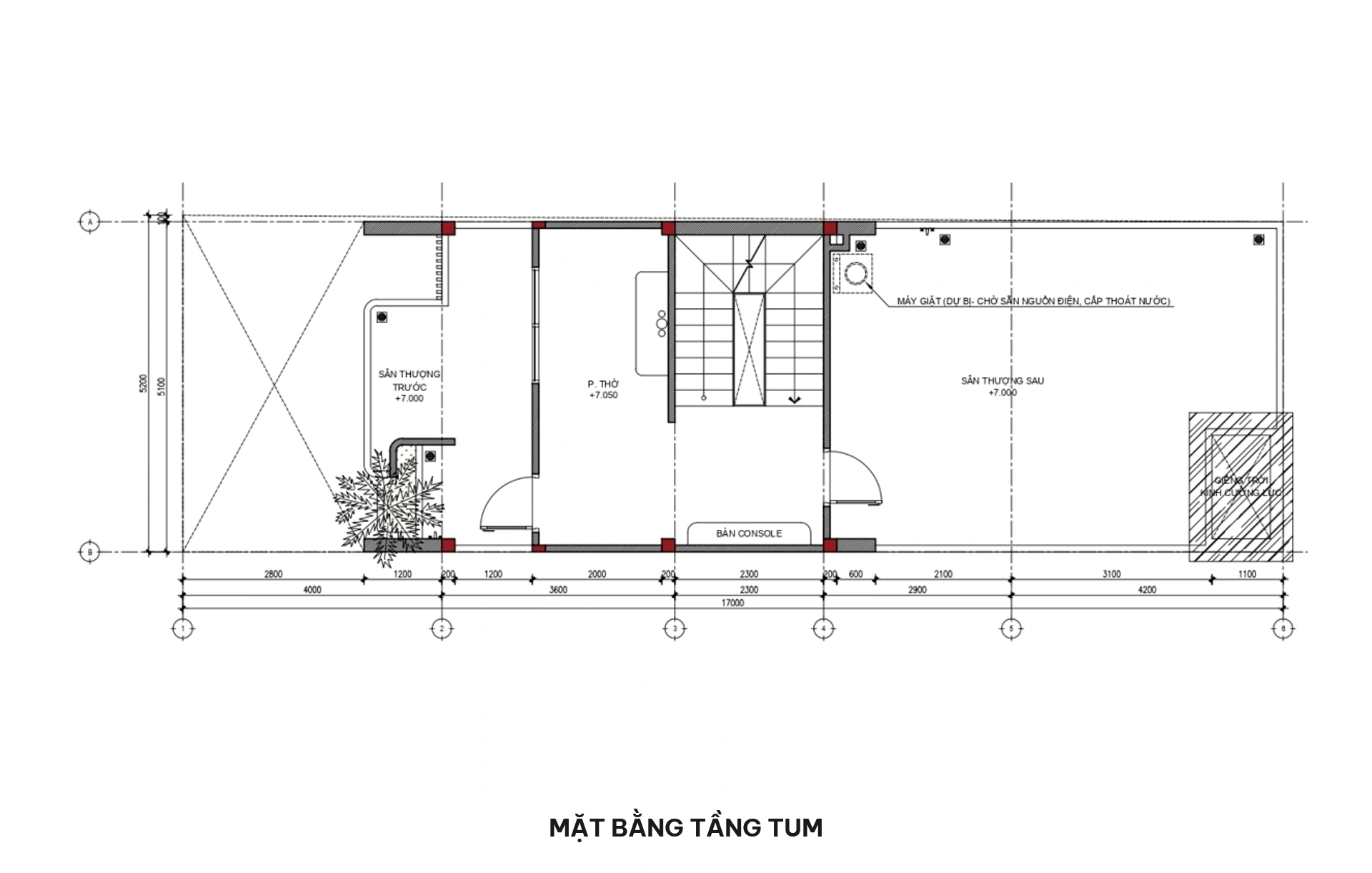 Bản vẽ mặt bằng bố trí công năng tầng tum gồm phòng thờ gia tiên trang nghiêm, sân thượng trước ngắm cảnh và sân phơi sau