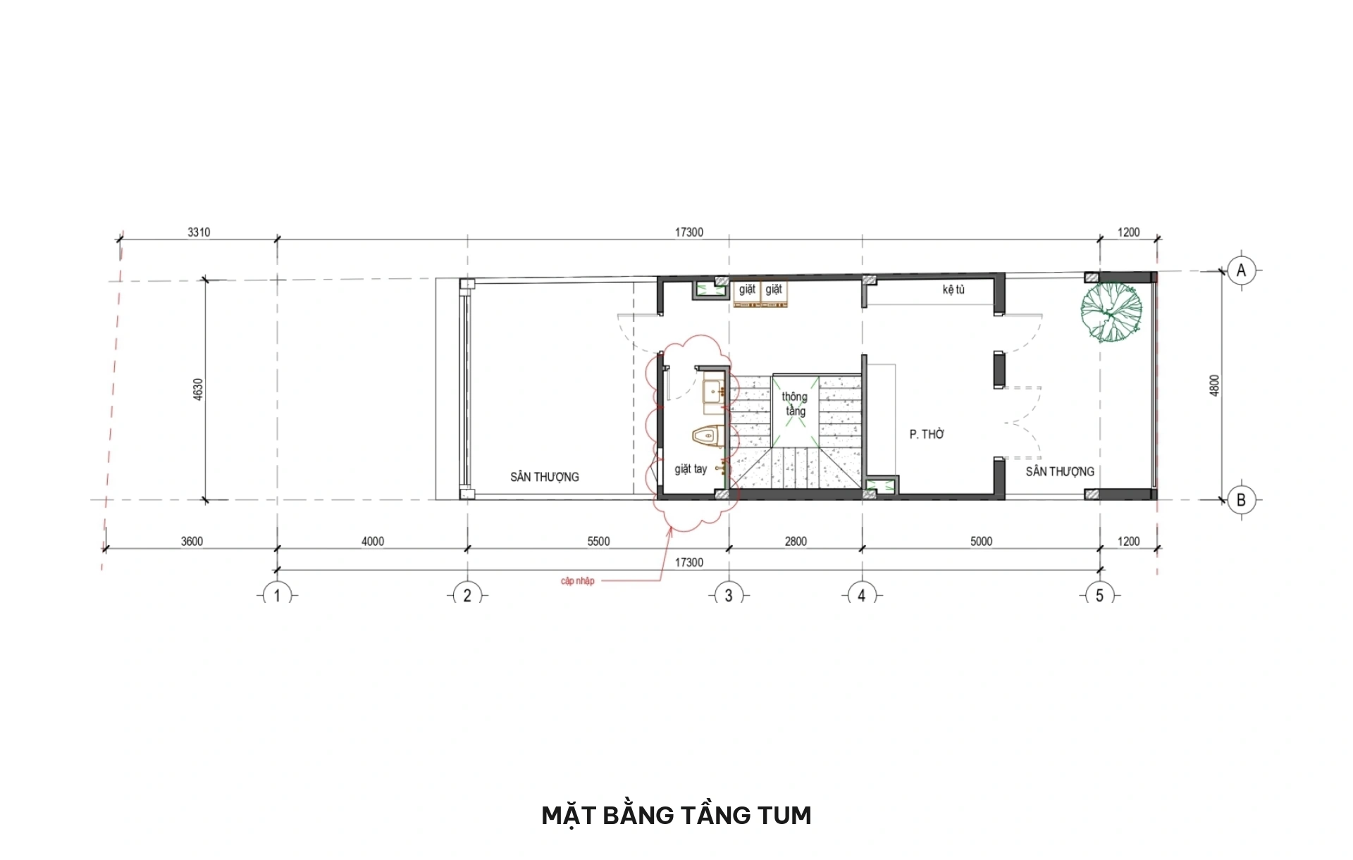 Mặt bằng tầng tum nhà phố 5x18.5m